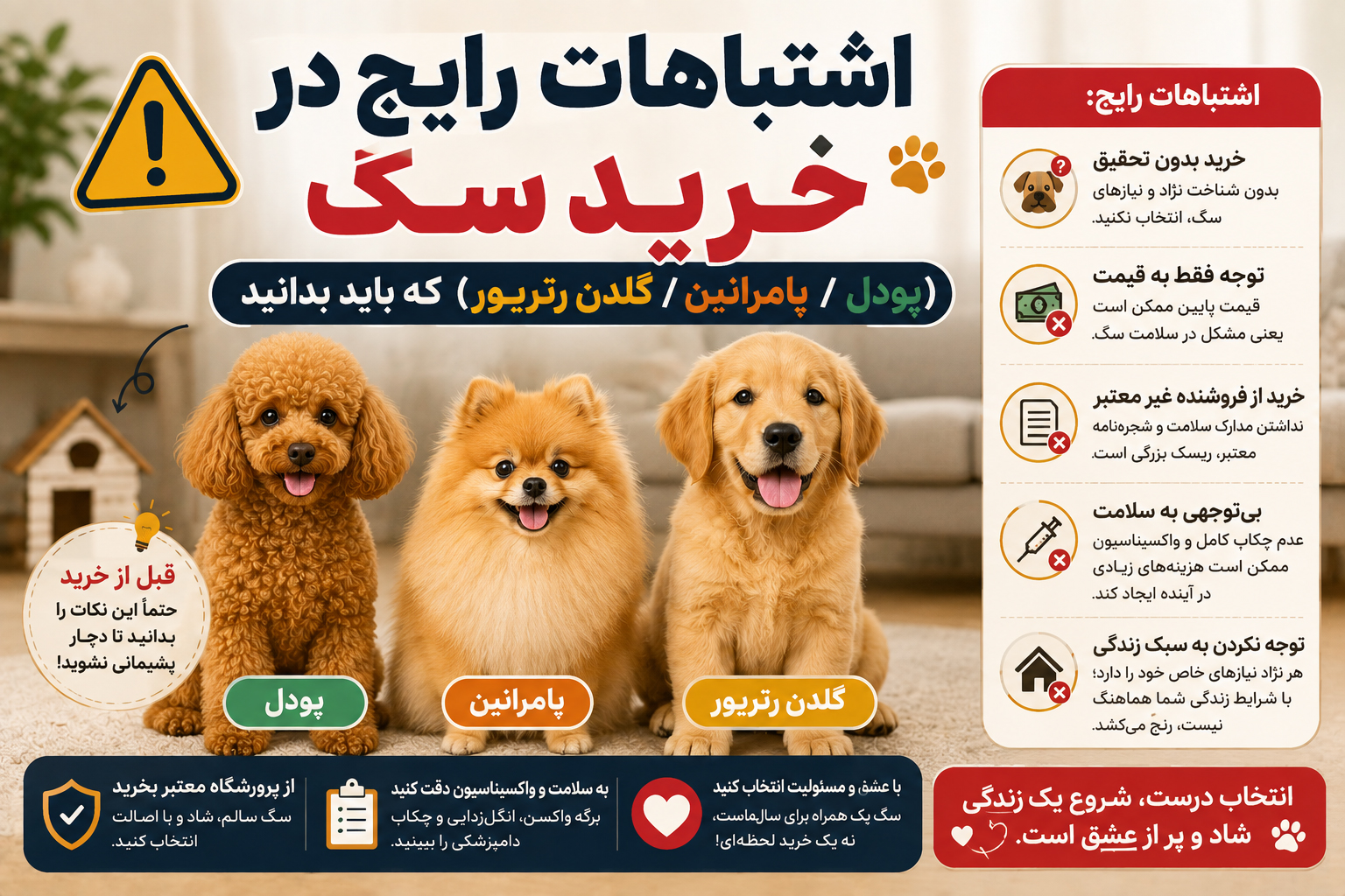اشتباهات رایج در خرید سگ (پودل / پامرانین / گلدن رتریور) که باید بدانید 🐶❗