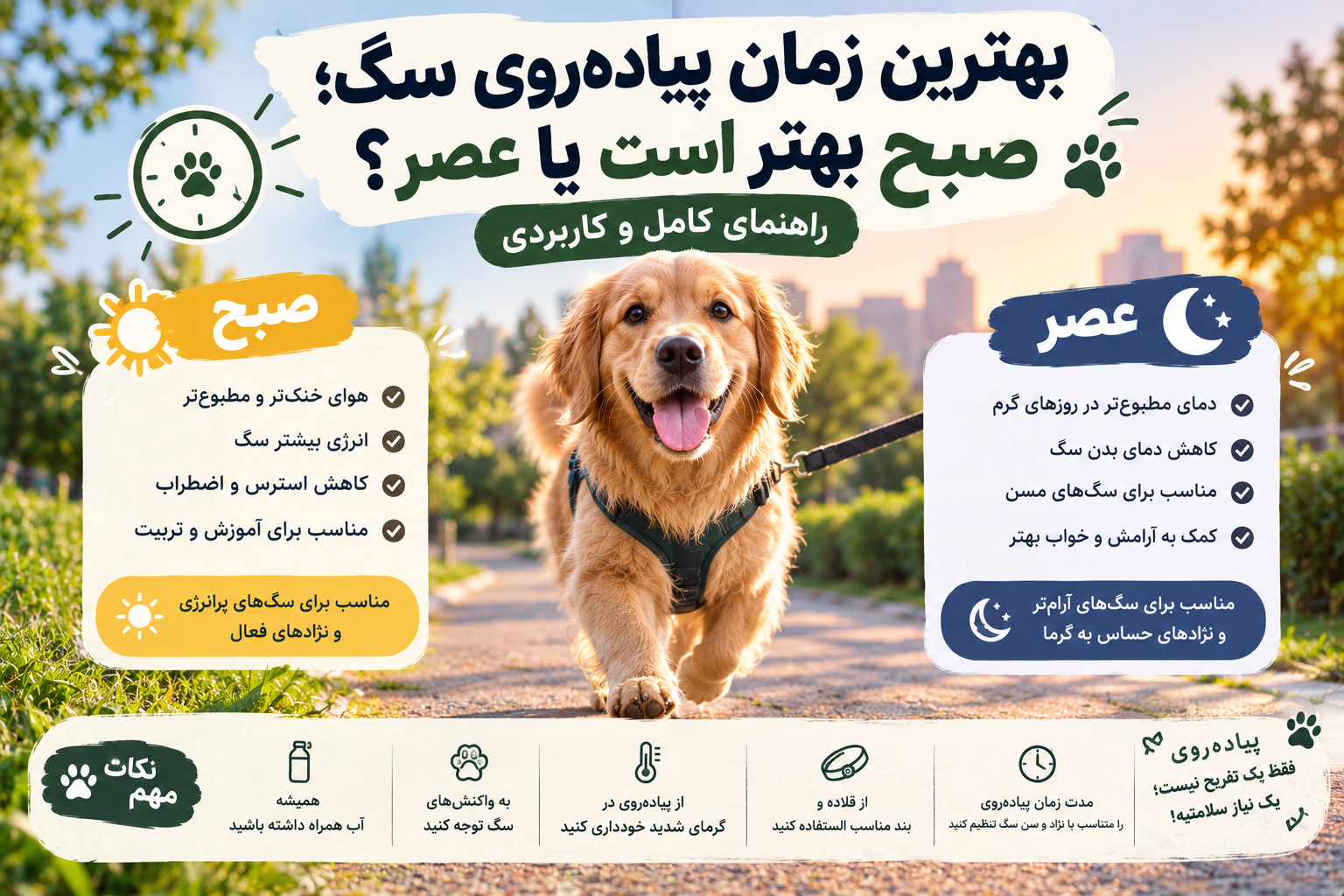 🐶 بهترین زمان پیاده‌روی سگ؛ صبح بهتر است یا عصر؟ راهنمای کامل و کاربردی