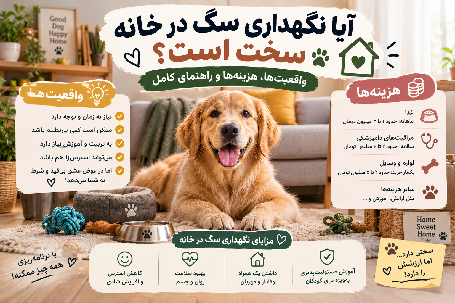 آیا نگهداری سگ در خانه سخت است؟ واقعیت‌ها، هزینه‌ها و راهنمای کامل 🐶🏠