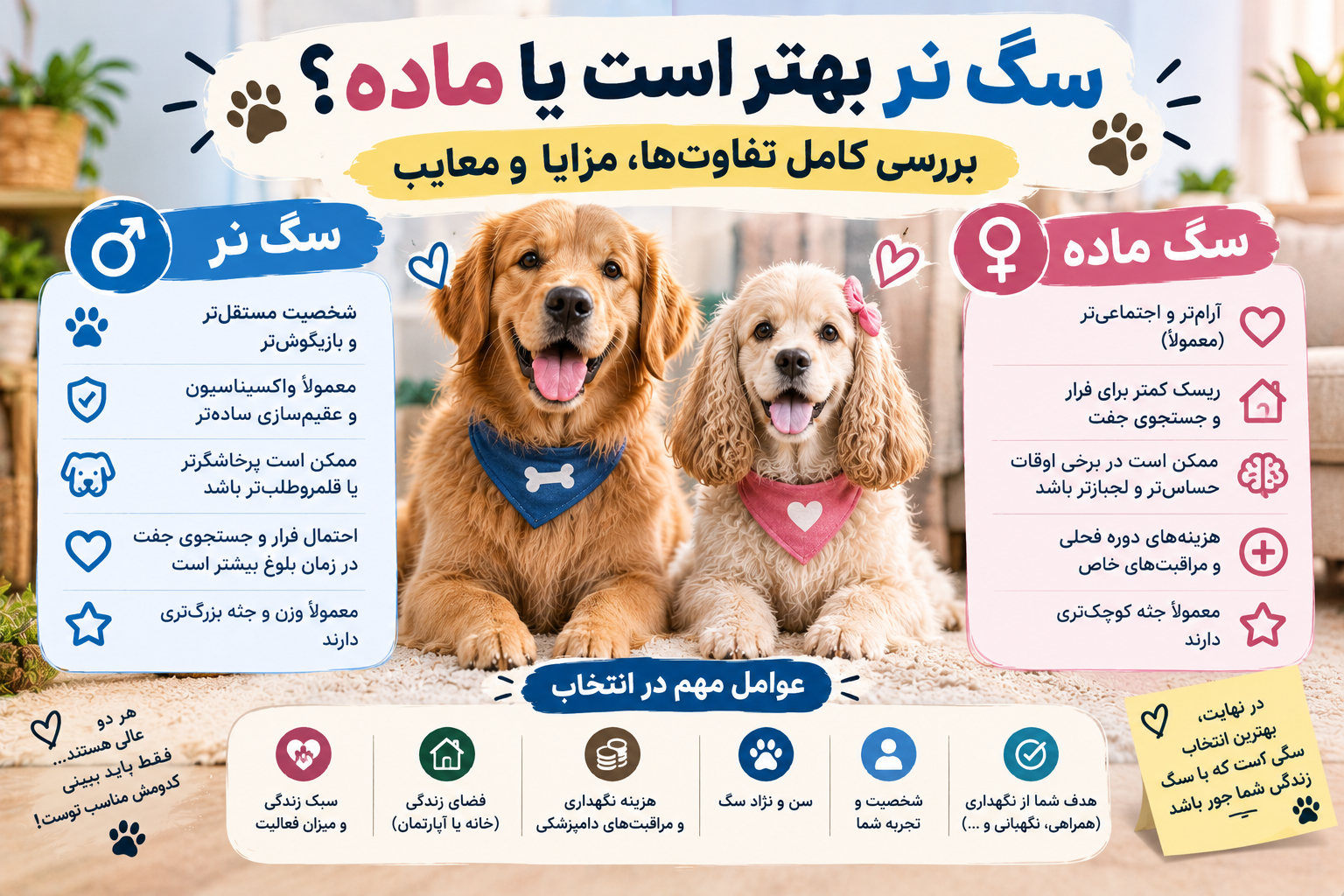 🐶 سگ نر بهتر است یا ماده؟ بررسی کامل تفاوت‌ها، مزایا و معایب