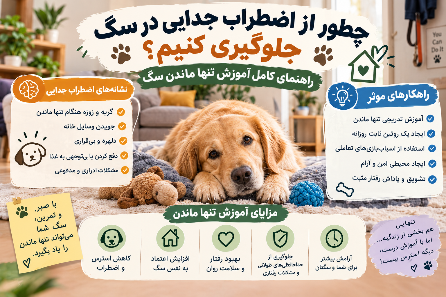 🐶 چطور از اضطراب جدایی در سگ جلوگیری کنیم؟ راهنمای کامل آموزش تنها ماندن سگ
